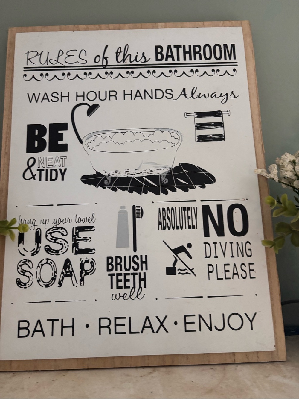 Bathroom Rules Wall Sign - Black and White